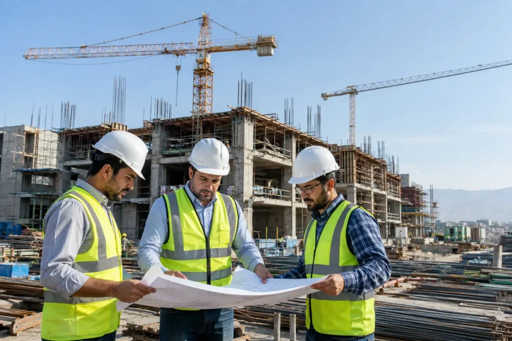 مهندسان ایرانی در حال بررسی نقشه‌های پروژه ساختمانی برای بیمه تمام خطر پیمانکاران