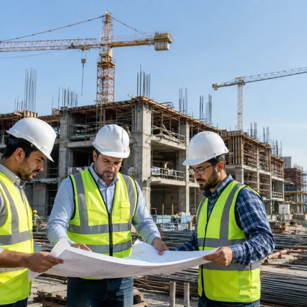 مهندسان ایرانی در حال بررسی نقشه‌های پروژه ساختمانی برای بیمه تمام خطر پیمانکاران