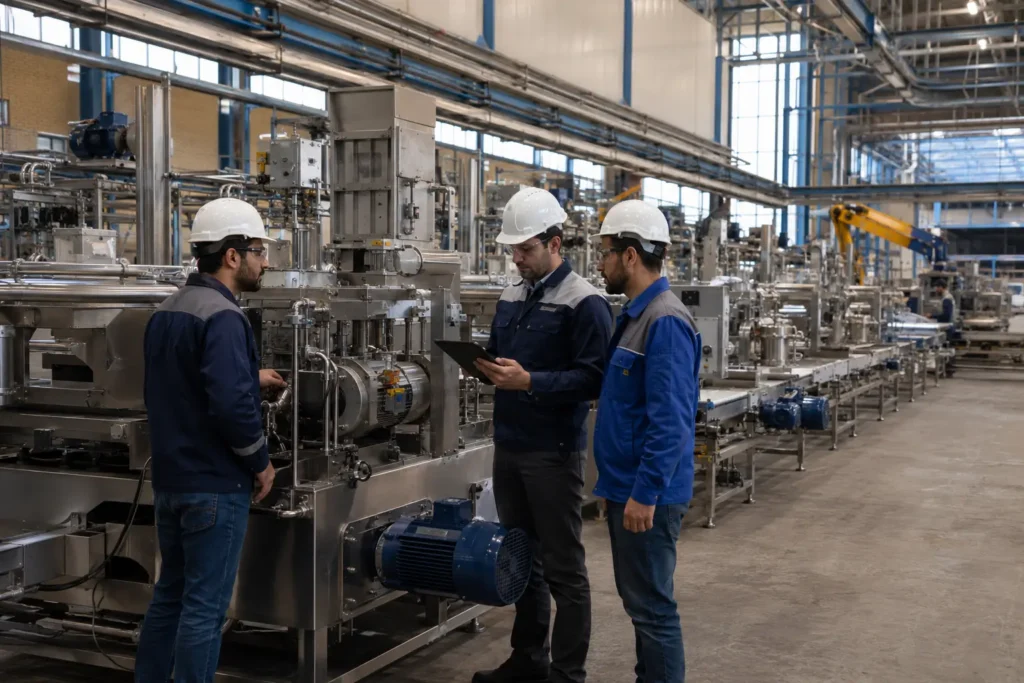 مهندسان ایرانی در حال نصب و بررسی ماشین‌آلات خط تولید در کارخانه