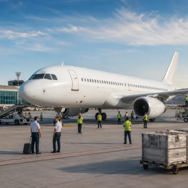 Ommercial passenger aircraft at an airport with flight crew and ground operations staff