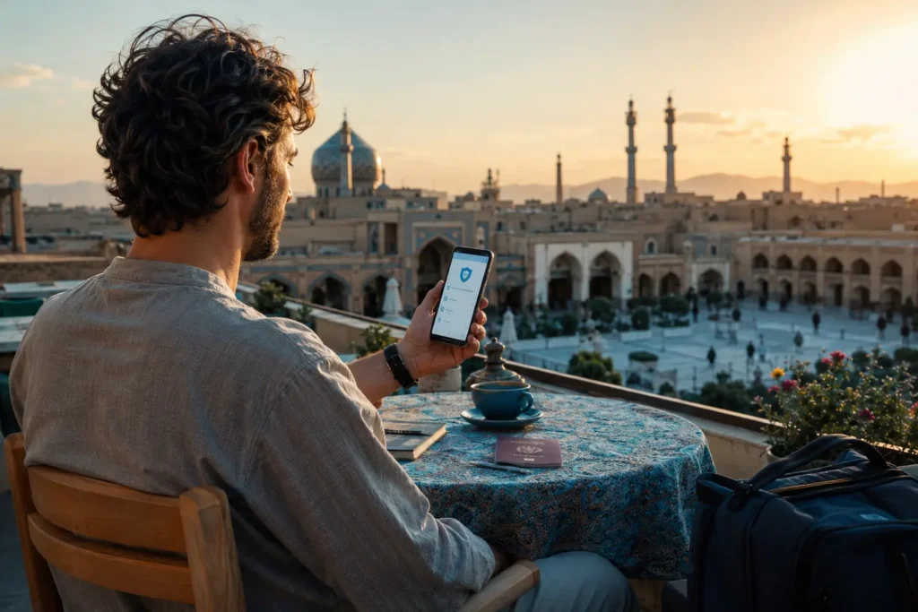 Foreign tourist showing a digital health insurance policy while visiting Iran