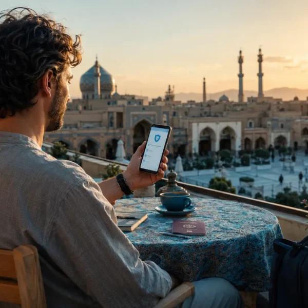 Foreign tourist showing a digital health insurance policy while visiting Iran