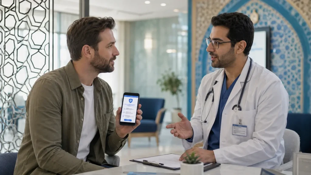 Foreign tourist with digital health insurance policy while traveling in Iran