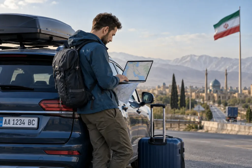 Foreign driver checking car insurance before traveling to Iran