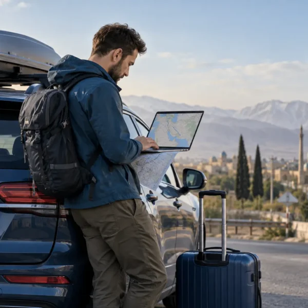 Foreign driver checking car insurance before traveling to Iran